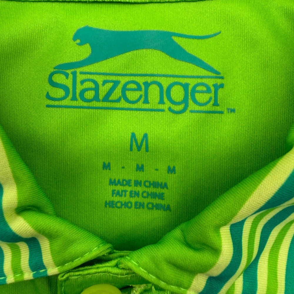 Slazenger Polo Shirt Mens M Green Teal Striped 101014 Short Sleeve Golf Sporty